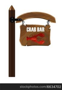 Wooden hanging signboard on grey chains with red crab bar indication isolated on white vector colorful illustration in graphic design.. Wooden Hanging Signboard with Crab Bar Notice