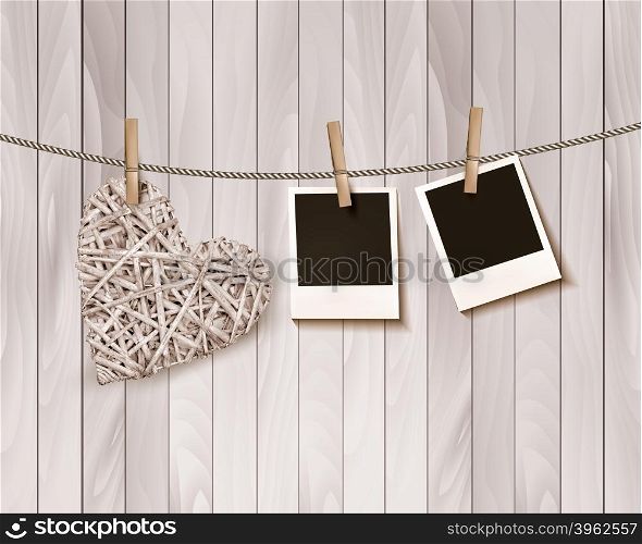 Wooden heart with photographs on rope. Vector.