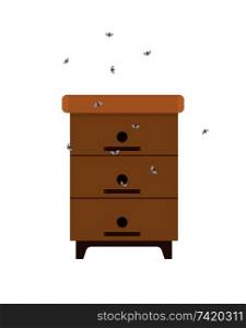 Wooden homemade beehive with swarm of bees icon in cartoon style isolated icon Part of domestic apiary, flying insects in process of honey production. Homemade Beehive with Bees Isolated Cartoon Icon