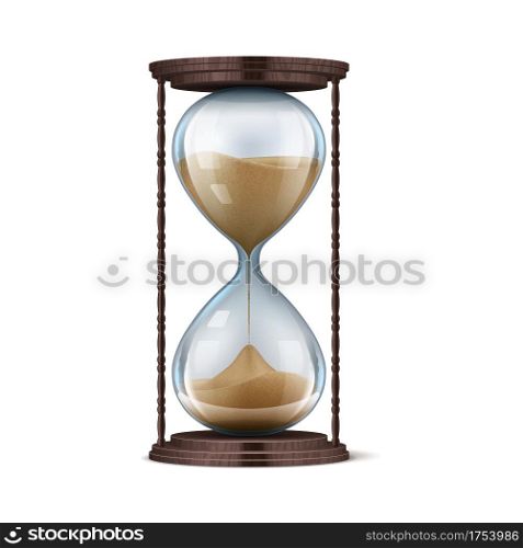 Wooden hourglass. Realistic glass sand clock. 3D stopwatch on brown stand. Old-fashioned chronometer for countdown. Falling particles in transparent flasks measure time. Vector isolated vintage watch. Wooden hourglass. Realistic sand clock. 3D stopwatch on brown stand. Old-fashioned chronometer for countdown. Falling particles in transparent flasks measure time. Vector vintage watch