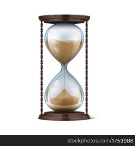 Wooden hourglass. Realistic glass sand clock. 3D stopwatch on brown stand. Old-fashioned chronometer for countdown. Falling particles in transparent flasks measure time. Vector isolated vintage watch. Wooden hourglass. Realistic sand clock. 3D stopwatch on brown stand. Old-fashioned chronometer for countdown. Falling particles in transparent flasks measure time. Vector vintage watch