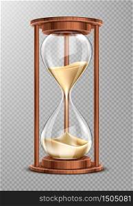 Wooden hourglass with falling sand isolated on transparent background. Ancient clock, symbol of patience and running time, retro glass watches with wood decoration, Realistic 3d vector illustration. Wooden hourglass with falling sand isolated vector