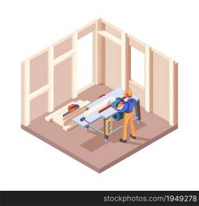 Wooden house builders. Carpenter workers interior framing from wood renovation processes plank construct vector isometric. Wood worker carpenter, lumber industry development 3d illustration. Wooden house builders. Carpenter workers interior framing from wood renovation processes plank construct vector isometric