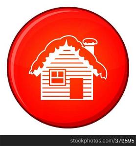 Wooden house covered with snow icon in red circle isolated on white background vector illustration. Wooden house covered with snow icon, flat style