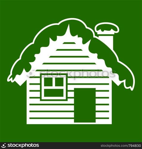 Wooden house covered with snow icon white isolated on green background. Vector illustration. Wooden house covered with snow icon green