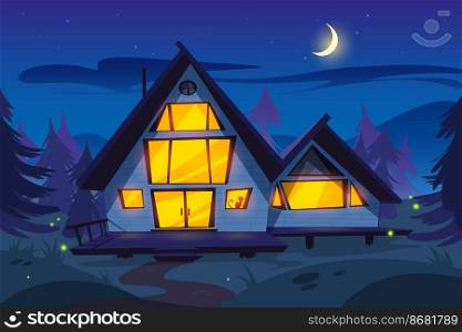 Wooden house in forest at night. Forester cottage. Vector cartoon summer wood landscape with house with glow windows, fireflies, pine trees, moon and stars on sky. Wooden house in forest at night