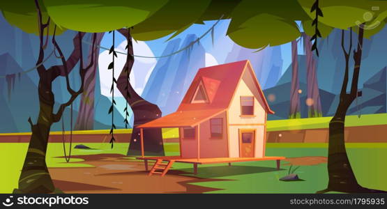 Wooden house in jungle with mountains. Vector cartoon summer landscape of rain forest with wood cottage or farmhouse with porch, green grass, trees with lianas and rocks. Wooden house in jungle with mountains