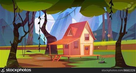Wooden house in jungle with mountains. Vector cartoon summer landscape of rain forest with wood cottage or farmhouse with porch, green grass, trees with lianas and rocks. Wooden house in jungle with mountains