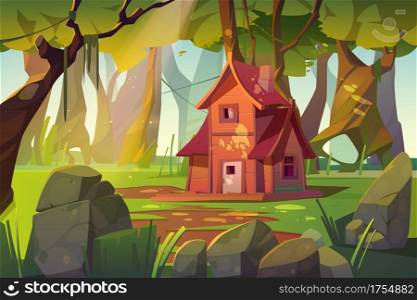 Wooden house in summer forest. Old shack in deep wood with falling sun beams among green trees and rocks around. Uninhabited forester or witch hut, pc game background, Cartoon vector illustration. Wooden house in summer forest. Old shack in wood