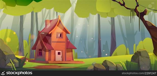 Wooden house in summer forest. Old shack, uninhabited forester or witch hut in deep wood with falling sun beams among green trees and rocks around, pc game background, Cartoon vector illustration. Wooden house in summer forest. Old shack, cottage