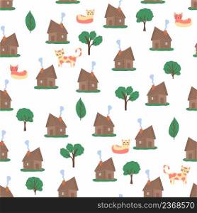 Wooden house in the forest seamless pattern. Scene with deciduous trees, fir trees and a Russian hut.. Wooden house in the forest seamless pattern. Scene with deciduous trees, fir trees and a Russian hut