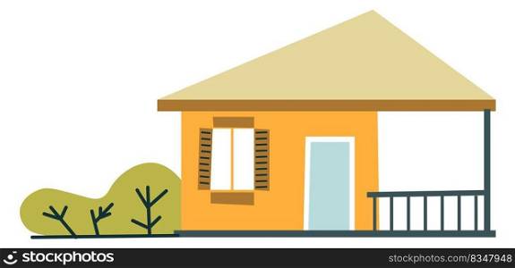 Wooden house or summer cottage located in rustic area or countryside. Isolated home with porch or terrace, garden with bushes and ecological environment. Place for rest. Vector in flat style. Summer house or wooden cottage in woods vector
