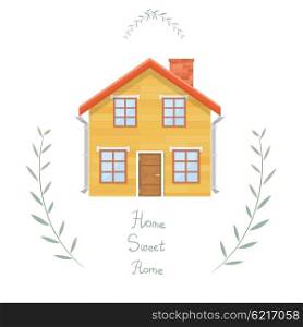 Wooden house. Small wooden country house with red roof, branches and the inscription. Illustration of a country house on a white background. Stock vector