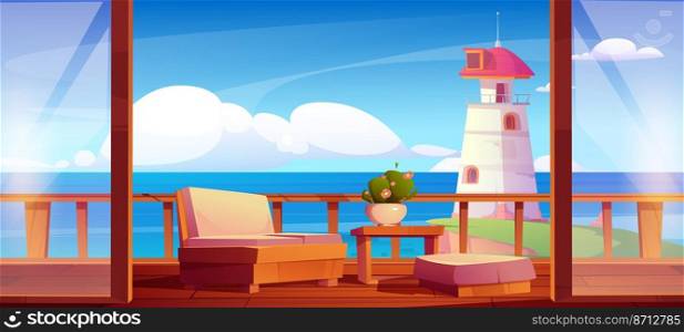 Wooden house terrace on sea coast with lighthouse on rock cliff. Vector cartoon illustration of summer ocean landscape with beacon on shore and cottage veranda or balcony with fence, couch and table. Wooden house terrace on sea coast with lighthouse