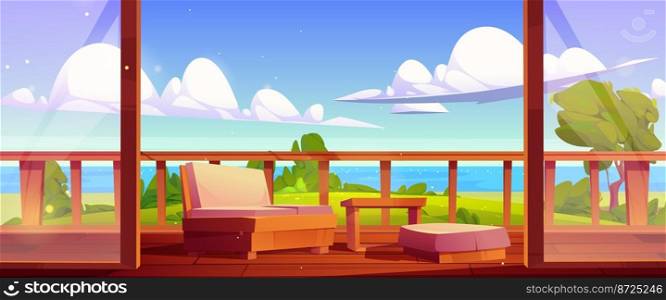 Wooden house terrace on sea shore with green grass and trees. Summer landscape with lake coast and cottage veranda with balustrade, couch and table, vector cartoon illustration. Wooden house terrace on sea shore