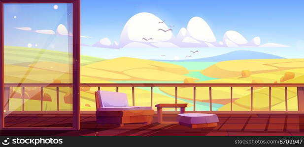 Wooden house terrace with autumn countryside view. Vector cartoon illustration of rural landscape with fields, river, hay bales and cottage veranda or balcony with couch and table. Wooden house terrace with autumn countryside view