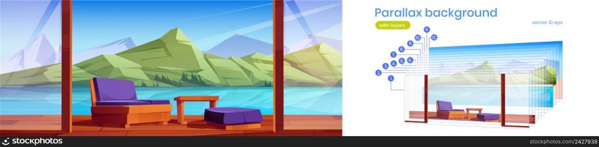 Wooden house terrace with furniture on lake shore. Vector parallax background ready for 2d animation with cartoon illustration of nordic landscape with mountains and cottage veranda with couch. Parallax background with terrace on lake shore