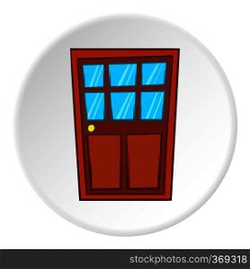 Wooden interior door icon in cartoon style on white circle background. Interior design symbol vector illustration. Wooden interior door icon, cartoon style