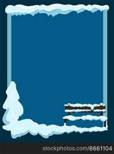 Wooden isolated bench under white snow in corner of dark blue background covered with snow with empty space for text. Vector illustration in flat design of greeting card with empty space. Bench under Snow Greeting Card with Empty Space