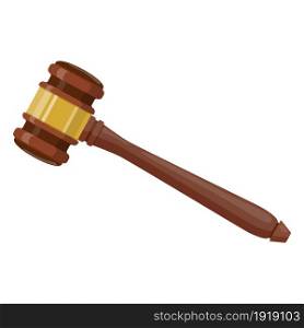 Wooden judge ceremonial hammer of the chairman for adjudication of sentences and bills. Legal law and auction symbol. Vector illustration in flat design. Wooden judge ceremonial hammer