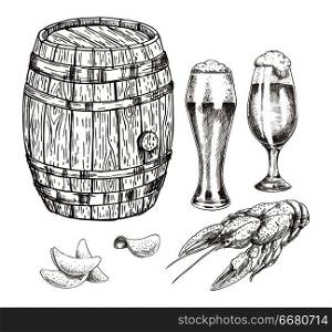 Wooden keg beer goblets and appetizer graphic art, isolated on white backdrop vector illustration of malt in glossy glasses chips and grilled crayfish. Wooden Keg Beer Goblets and Appetizer Graphic Art
