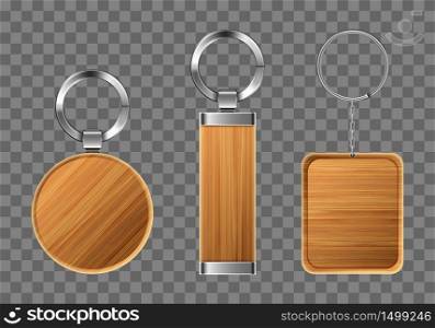 Wooden keychains, keyring holders with metal rings. Brown wood accessories, gift or souvenir trinkets for home, car or office isolated on transparent background. Realistic 3d vector icons, mockup set. Wooden keychains, keyring holders with metal rings