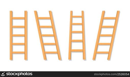 Wooden ladder. Isometric wooden ladders. Wood stair. Wood staircase. Set of cartoon stairs with shadow for construction, painter and work. Stepladder isolated on white background. Vector.