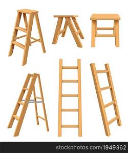 Wooden ladders. Interior household equipment standing on tools for home library step ladder for bookshelf vector realistic illustrations. Stepladder folding, interior comfortable construction. Wooden ladders. Interior household equipment standing on tools for home library step ladder for bookshelf vector realistic illustrations