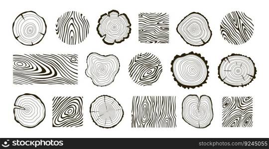 Wooden logs textures. Wood concepts graphics, lumber circles top view. Vintage outline tree rings stumps, cut trees structure racy vector collection of wood graphic texture wooden illustration. Wooden logs textures. Wood concepts graphics, lumber circles top view. Vintage outline tree rings stumps, cut trees structure racy vector collection
