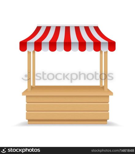 Wooden market stall, fair booth. 3d empty kiosk with striped awning, roof. Isolated market booth mockup for food. Wooden counter with sunshade for street trading, outdoor retail. vendor stall. vector. Wooden market stall, fair booth. 3d empty kiosk with striped awning, roof. Isolated market booth mockup for food. Wooden counter with sunshade for street trading, outdoor retail. vendor stall.