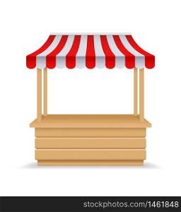 Wooden market stall, fair booth. 3d empty kiosk with striped awning, roof. Isolated market booth mockup for food. Wooden counter with sunshade for street trading, outdoor retail. vendor stall. vector. Wooden market stall, fair booth. 3d empty kiosk with striped awning, roof. Isolated market booth mockup for food. Wooden counter with sunshade for street trading, outdoor retail. vendor stall.