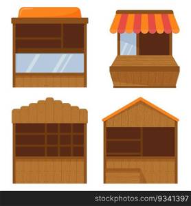 Wooden market stall, fair booth. empty kiosk Wooden counter for street trading, outdoor retail. vendor stall. vector. set of four wooden stall counters in flat style