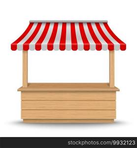Wooden market stand stall with red and white striped awning isolated on background.. Wooden market stand stall