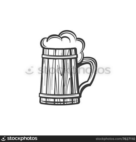 Wooden mug of beer isolated alcohol drink monochrome sketch. Vector Oktoberfest holiday symbol, cider beverage with foam. Light or dark ale in lager, wooden glass with handle, brewery product. Mug of frosty dark light beer isolated monochrome icon