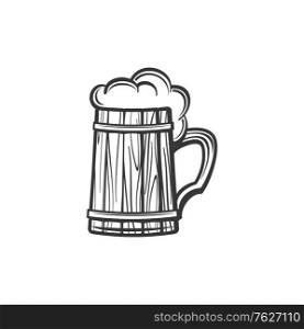 Wooden mug of beer isolated alcohol drink monochrome sketch. Vector Oktoberfest holiday symbol, cider beverage with foam. Light or dark ale in lager, wooden glass with handle, brewery product. Mug of frosty dark light beer isolated monochrome icon