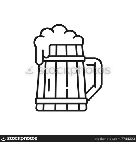 Wooden mug of German frosty beer isolated alcohol drink outline icon. Vector Oktoberfest holiday symbol, cider beverage with foam. Light dark ale in lager, wooden glass with handle, brewery product. Mug of frosty dark light beer isolate outline icon