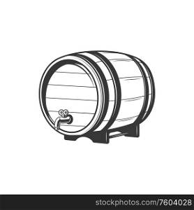 Wooden oak keg with wine or beer isolated monochrome container. Vector barrel with tap. Barrel with tap, wine or beer alcohol drinks keg
