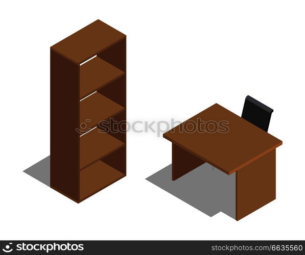 Wooden office table with black chair near empty brown shelving isolated with shadow on white vector colorful illustration in graphic design. Wooden Office Table with Chair near Shelving.