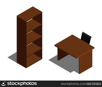 Wooden office table with black chair near empty brown shelving isolated with shadow on white vector colorful illustration in graphic design. Wooden Office Table with Chair near Shelving.