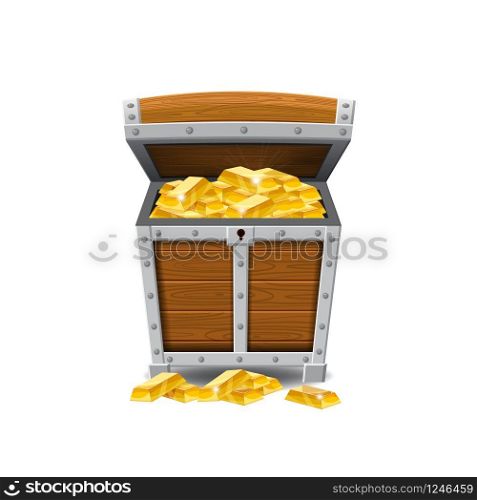 Wooden old pirate chests, full of treasures, gold bars, treasures, vector, cartoon style, illustration isolated. Wooden old pirate chests, full of treasures, gold bars, treasures, vector, cartoon style, illustration, isolated. For games, advertising applications
