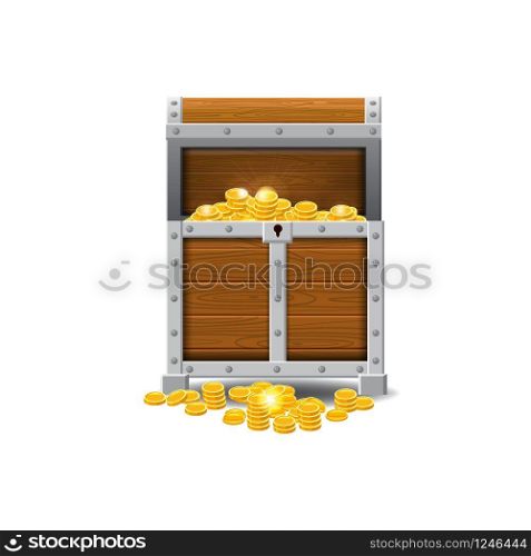 Wooden old pirate chests, full of treasures, gold coins, treasures, vector, cartoon style, illustration isolated. Wooden old pirate chests, full of treasures, gold coins, treasures, vector, cartoon style, illustration, isolated. For games, advertising applications
