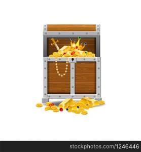 Wooden old pirate chests, full of treasures, gold coins, treasures, vector, cartoon style, illustration isolated. Wooden old pirate chests, full of treasures, gold coins, treasures, vector, cartoon style, illustration, isolated. For games, advertising applications