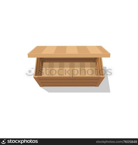 Wooden open box with cover isolated transportation pack, top view. Vector empty distribution box. Pallets and wood crates. Parcels, wooden boxes