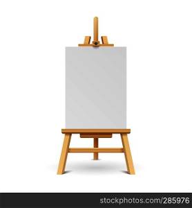 Wooden paint board with white empty paper frame. Art easel stand with canvas vector illustration. White blank board on wooden tripod. Wooden paint board with white empty paper frame. Art easel stand with canvas vector illustration