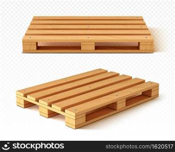 Wooden pallet front and angle view. Wood trays for cargo loading and transportation. Freight delivery, warehousing service equipment isolated on transparent background Realistic 3d vector illustration. Wooden pallet front and angle view. Wood trays