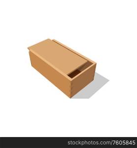 Wooden parcel with cover isolated transportation container. Vector empty delivery box, timber package. Parcel with cover isolated wood transportation box