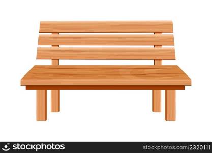 Wooden park bench, garden furniture in cartoon style isolated on white background. Wood street seat, outdoor decoration. Vector illustration
