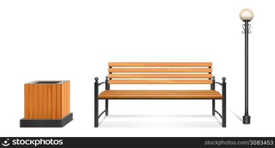 Wooden park bench, street lamp and litter bin, outdoor wood seat with forged legs and armrests, lantern on metal pole and garbage container. City or park sidewalk furniture. Realistic 3d vector set. Wooden park bench, street lamp and litter bin set