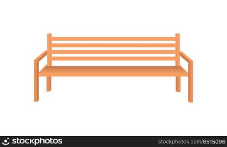 Wooden Park Bench. Wooden park bench. Brown wooden bench icon. One isolated outdoor bench. City object in flat. Simple drawing. Isolated vector illustration on white background.