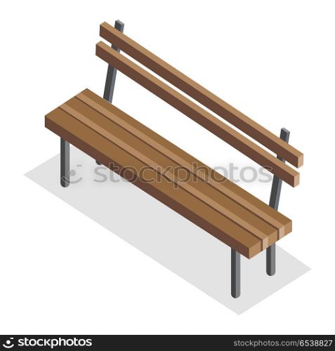 Wooden Park Bench. Wooden park bench with shadow. Wooden bench icon. One isolated outdoor bench. City isometric object in flat. Isolated vector illustration on white background.